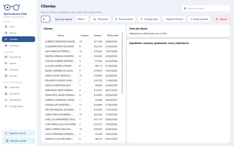 AdminÓptica — pantalla con datos de ejemplo
