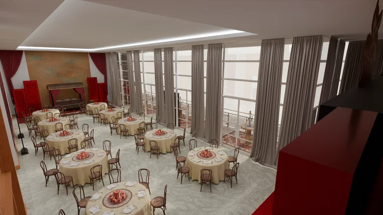 Montaje de mesas para la cena